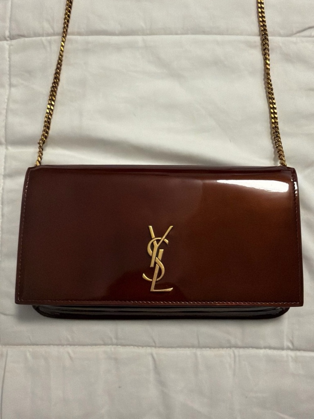Saint Laurent Glossy Chestnut Patent Leather Chain Crossbody